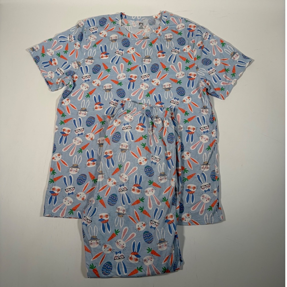 PJ Place Easter Bunny Pajama Set Blue Cotton Short Sleeve Joggers Adult Large